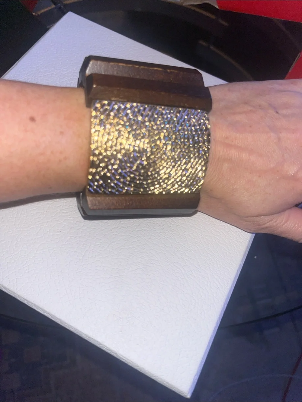 New Women's Wood and Metallic Accent Bracelet - Gold and Dark Brown